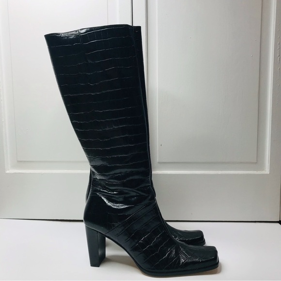 COUP D’ETAT Black Crock Print Leather High Heel Boots Size 9.5B - Picture 2 of 11